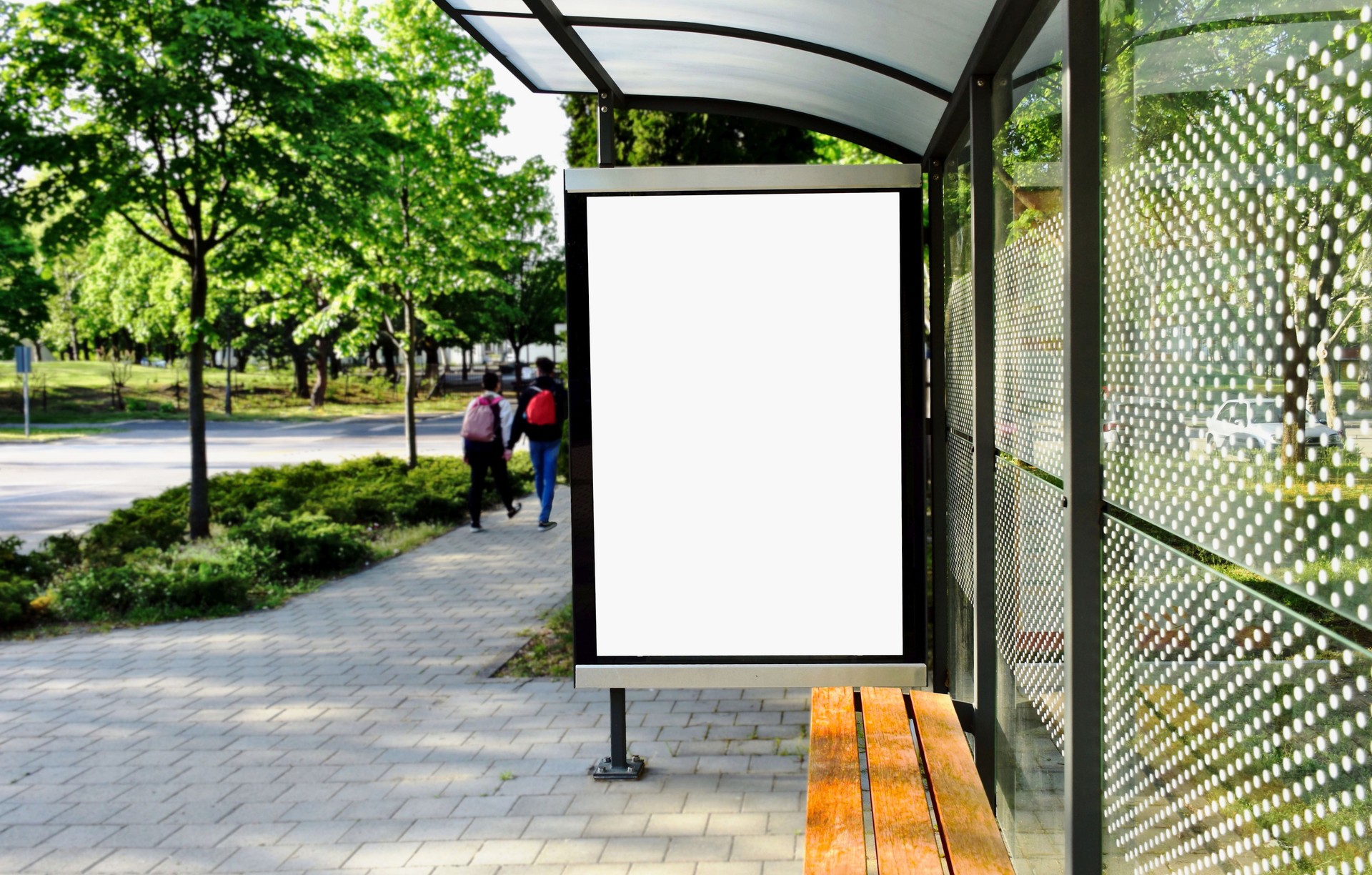 bus shelter with lightbox. blank white billboard ad panel at bus stop. background for mockup